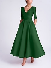 tanie Sukienki koktajlowe-Krój A Lekko nad kolana Sukienka koktajlowa Sukienki imprezowe Elegancja Rękaw 1/2 W serek Formalny Gość weselny Satyna z Kieszeń