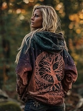 olcso Boho felsők-Női Cipzáras kapucnis pulóver Cipzár Grafika Aktív Szüret Divat Hosszú ujj Kapucni Normál felsők Hétköznapi Otthon Utca Medence Rubin Barna Lóhere Tavasz Ősz Tél