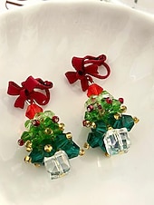 ieftine Cercel de damă-Bijuterii acrilice de Crăciun pentru femei – colier și cercei cu brad festiv și funde roșii, perfecți pentru petreceri și sărbători