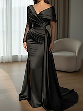 cheap Ball Gown Evening Dresses-Mermaid / Trumpet Sweep / Brush Train Evening Gown Ball Gown with Overskirt Formal Dress Elegant Glittering Sparkle Long Sleeve Off Shoulder Formal Wedding Satin Sequined with Beading