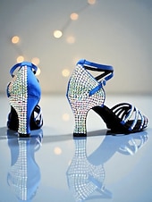 baratos Sapatos de Dança Latina-Sapatos de dança latina femininos azuis com strass - sandálias profissionais para dança de salão, salsa e tango, com design de tiras e salto brilhante para competição ou apresentações.