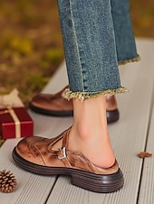billiga Platta damskor-Bruna damskor i konstläder med brogue-detaljer, Mary Jane-skor, klassisk och bekväm stil, perfekta för arbete, vardagsutflykter och vardagsbruk.