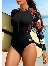 Недорогие Рашгард One Pieces-Жен. Стандарт Рашгард UPF50+ Быстровысыхающий Легкость Длинный рукав Боди Плавки-шорты Купальный костюм Передняя молния Серфинг Гребля на каное Пляж  Водные виды спорта Спортивная Плавание Цветочные