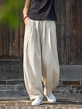 voordelige Damesbroeken en rokken-Dames Imitatie katoenlinnen Broek Zomerbroek Wijde broek Vakantie Vintage Etnische stijl Volledige lengte Hoge taille Inelastisch Strand Straat Causaal Bean Green Ruwe hennep kleur Zwart Marineblauw