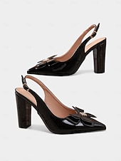 Χαμηλού Κόστους Σλινγκμπακ Πάμπς-Γυναικεία μπορντό ψηλοτάκουνα πέδιλα με slingback και φιόγκο - γόβες με μυτερή μύτη για γραφείο, ραντεβού και ειδικές περιστάσεις