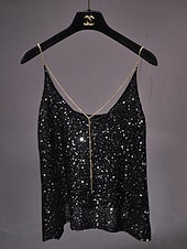 ieftine Rezervor simplu-Pentru femei Bluză Topuri cu paiete Camisole Tank Top Paiete Strălucire Fără Spate Simplu Elegant Metalic Stilat Fără manșon În V Topuri obișnuite Concediu Ieșire Negru Kaki Vară Primăvară Toamnă