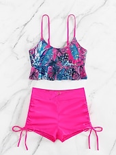 levne Tankiny-Dámský tankini 2-dílný plavecký úbor s řasením palm šortky kontrola břicha vysoký pas štíhlé bez zad dovolená plážové oblečení květinový kulatý výstřih bez rukávů