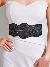 baratos Cinto Feminino-Cinto feminino elástico em couro sintético com lantejoulas douradas brilhantes, perfeito para festas de Natal e outras ocasiões especiais.