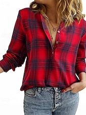 abordables T-shirt rayé et géométrique-Femmes Chemisier Hauts Élégants Boutons Plaid Uni Élégant ancien Classique manche longue Col en V Hauts Réguliers Quotidien Travail Fête Noir Rouge bleu marine Vert Automne Hiver