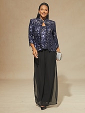 お買い得  レディースブラウススーツ-女性用 ブラウス 2 ピースの衣装 ドレッシーなトップス スパンコール 刺繍 フラワー エレガント 七分袖 スタンドカラー レギュラートップス パーティー ネイビーブルー 春 秋 冬