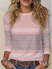 abordables Camiseta a rayas y geométrica-Mujer Camiseta Estampado Graphic Geométrico A Rayas Vintage Moda Elegante Manga Larga Cuello Barco Escote Redondo Tops regulares Diario Fin de semana Azul Piscina Negro Rosa Rojo Verano Primavera