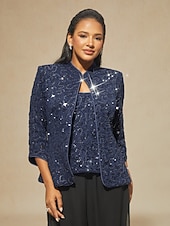 お買い得  レディースブラウススーツ-女性用 ブラウス ドレッシーなトップス ツインセット スパンコール レース ペーズリー エレガント パーティー 七分袖 スタンドカラー セミフォーマル フォーマルウェア カクテルの服装 ネイビーブルー 春 秋 冬