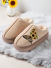 Χαμηλού Κόστους Γυναικείες Παντόφλες &amp; Σαγιονάρες-Γυναικείες παντόφλες με τυπωμένο ηλιοτρόπιο - ζεστά παπούτσια εσωτερικού χώρου με επένδυση από φλις και σχέδιο πεταλούδας, άνετα υποδήματα για το σπίτι για χειμερινά δώρα