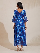 billiga Designklänningar och jumpsuits-abstrakt blommig v-ringad maxiklänning med knut framtill och utsvängda ärmar