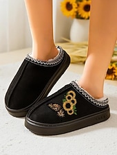 Χαμηλού Κόστους Γυναικείες Παντόφλες &amp; Σαγιονάρες-Γυναικείες παντόφλες με τυπωμένο ηλιοτρόπιο - ζεστά παπούτσια εσωτερικού χώρου με επένδυση από φλις και σχέδιο πεταλούδας, άνετα υποδήματα για το σπίτι για χειμερινά δώρα