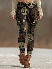  Dam Damasker Mysiga leggings Semester Vintage Etnisk Stil Fullängd Hög midja Grafisk Katt Tryck Bekväm Elastisk Ledigt Dagligen Semester Svart Gul Grön Mörkgrå Vår Höst Smal passform