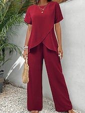 Недорогие Женские блузки-костюмы-Жен. Футболка Комплекты брюк Болеро Топ С короткими рукавами Вырез под горло Круглый вырез Сплошной цвет Мода Уличный стиль Повседневные на открытом воздухе Отпуск Красный Темно синий Зеленый Лето