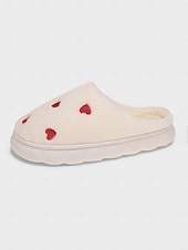 cheap Valentine's Day-Women's White Plush Fleece Slippers with Red Heart Embroidery – Warm Fluffy Thick Sole House Shoes for Bedroom, Valentine's Day &amp; Gifts