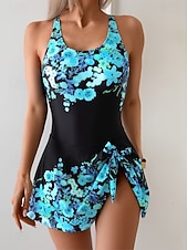baratos Fatos de Banho Peça Única-Maiô Feminino de Uma Peça com Saia Roupas de Praia de Férias Floral Gráfico Decote U Sem Mangas