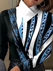 levne tričko umění a designu-Dámské Tričko Tisk Grafika Leopard Geometrický Elegantní Vinobraní stylové Dlouhý rukáv Stojáček Běžné topy Denní Vodní modrá Fialová Trávová zelená Khaki Jaro Podzim Zima