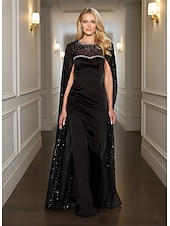 abordables Robes de bal-Sirène / Trompette Fourreau / Colonne Longueur au sol Robe de bal avec cape Robe de Soirée Tenue de soirée Élégant Scintillant Éclat Sans manches Col Rond Formel Mariage Satin Pailleté avec