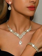economico Matrimonio ACC-set di gioielli da donna con strass dorati: collana a goccia scintillante, orecchini pendenti &amp;bracciale di cristallo, eleganti accessori di tendenza per le feste &amp;eventi speciali