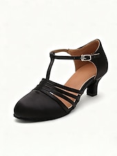 abordables Années 1920 &amp; Ère Gatsby-Chaussures de danse latine noires en satin pour femmes - chaussures professionnelles de tango et salsa de salon, avec bride en T et petits talons, idéales pour la scène ou l'entraînement.