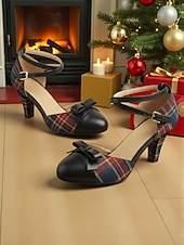  Naisten ruudulliset nilkkaremmikorkokengät rusetilla – vintage 1950-luvun tyyli, mukavat lohkokorkokengät jouluun, juhlapyhiin ja arkeen