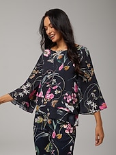 abordables camisas, tops y blusas-Blusa de mujer negra floral, manga 3/4, suelta, cuello redondo, informal, elegante, para vacaciones, primavera, verano y otoño.