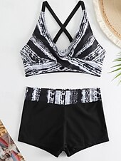 cheap Tankinis-Women's Swimwear 2 Piece Shorts Swimsuit Backless Vacation Beach Wear Geometic V Neck Sleeveless Bathing Suits