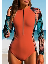 preiswerte One Pieces Rash Guards-Damen Rash Guard Tauchanzug Anti UV Shirt Badeanzug Blumenmuster Tropisch Reißverschluss UPF50+ Schnelltrocknend Leicht Langarm T-Shirt zum Schwimmen Surfen Strand Wassersport Sommer