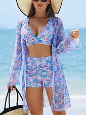 tanie 3-częściowy zestaw bikini-Damskie Stroje kąpielowe Bikini Trzyczęściowy Krótkie spodnie Kostium kąpielowy Szczupła Odkryte plecy Urlop Stroje plażowe Kwiaty Liście W serek Bez rękawów Kostiumy kąpielowe