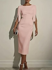 economico vestito nero midi-Per donna Abito Midi Abito nero Tubino Elegante Moda Moderno Quotidiano Ufficio Ferie Vestibilità regolare Semplice Manica 3/4 Girocollo Scollo a Barca Nero Bianco Rosa Estate Primavera Autunno