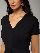 billige uformell kjole-damejumpsuit svart tencel chiffon gradient paneled imitert todelt flagrende gjennomsiktig stretch blomstertrykk v-hals fest ferie vår sommer