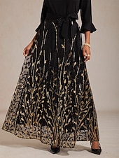 ieftine Rochii cu paiete-Pentru femei Rochie Maxi Rochie A line Rochie din Tul Elegant Serată Petrecere Paiete Brodat Fit regulat Frunză Lungime Manșon 3/4 În V Negru