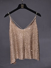 ieftine Rezervor simplu-Pentru femei Bluză Topuri cu paiete Camisole Tank Top Paiete Strălucire Fără Spate Simplu Elegant Metalic Stilat Fără manșon În V Topuri obișnuite Concediu Ieșire Negru Kaki Vară Primăvară Toamnă
