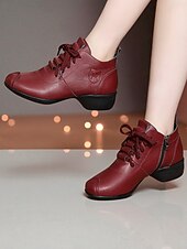 abordables Zapatos de jazz-Zapatos de baile de piel color burdeos para mujer: cómodos tacones con cordones para la práctica de bailes de salón, latinos y jazz.