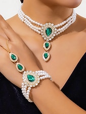 baratos Colar Feminino-Conjunto de joias femininas com pérolas e esmeraldas - elegante colar choker e pulseira com strass para baile de gala, formatura ou festa noturna.