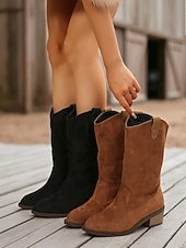 tanie Kowboj i zachodnie buty-jasnobrązowe kowbojskie buty damskie w stylu western – buty kowbojskie do połowy łydki na grubym, klockowym obcasie, idealne na festiwale muzyki country, rodeo i modę jesienną