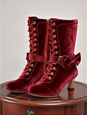 Недорогие Викторианский и Эдвардианский-Женские зеленые бархатные ботинки на шнуровке с бантом и молнией — элегантный викторианский стиль 1920-х годов, идеально подходят для официальных мероприятий, зимней моды и любителей винтажной одежды.