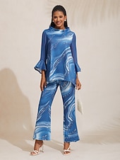 baratos camisas, tops e blusas-Blusa feminina azul estampa floral chiffon elástico mangas decote barco casual confortável primavera verão outono férias