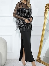 halpa Naisten puseropuvut-Naisten Hame setit Bolero toppi Pitkähihainen Pyöreä kaula-aukko Yhtenäinen väri Paljetti Tupsu Tyylikäs Aktiivinen Juhla Cocktailjuhla Juhla / cocktail Musta Kevät Normaali