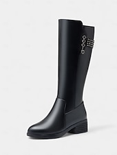 cheap Snow &amp; Winter Boots-Women's Black Leather Knee-High Boots with Wool Lining - Stylish Winter Fashion, Perfect for Cold Weather, Outdoor Activities and Casual Outings