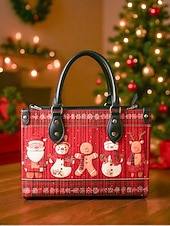 billiga Grafiska tryckväskor-Julväska för kvinnor - konstläder, designad med jultomte och snögubbe, presentväska för kvinnor, handväska för julen, perfekt för fester och vinterutflykter