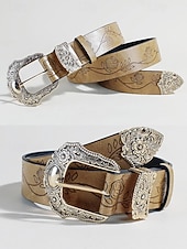 Χαμηλού Κόστους Γυναικεία ζώνη-Γυναικεία ζώνη από τεχνητό δέρμα σε μποέμ στιλ – περίπλοκο φλοράλ σχέδιο με μεταλλική αγκράφα, ιδανική για casual και καθημερινή χρήση.