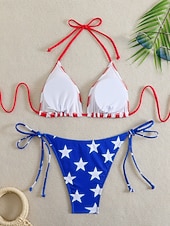  Γυναικείο Μπικίνι 2 τεμαχίων Μαγιό Colorblock Thong Αδυνατιστικό Χωρίς Πλάτη Καλοκαιρινές Διακοπές Παραλία Σημαία Γεωμετρικό Halter Λαιμό Αμάνικο Μαγιό