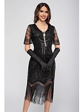 preiswerte 1920er Kleider-Goldene Zwanziger 1920er Knielang Flapper Kleid Kurze Ärmel Der große Gatsby Pailletten Fransen V Ausschnitt Kostüm Damen Weihnachten Karneval Flüsterkneipe Maskerade Retro-Mottoparty Erwachsene