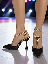 levne Slingback lodičky-Dámské černo-zlaté lakované kožené lodičky na vysokém podpatku - sexy špičaté boty s páskem do T do nočního klubu, na koktejlové a večerní akce