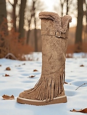 abordables Snow &amp; Winter Boots-Women's Green Fringe Faux Suede Snow Boots with Fur Lining – Stylish Knee-High Winter Boots Footwear for Cold Weather, Snow and Outdoor Adventures