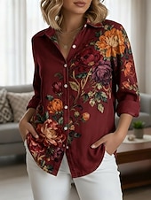 abordables Blouses Florales-Femmes Chemise Boutons Imprimé Fleuri Élégant Occasionnel manche longue Col de chemise Hauts Réguliers Quotidien Travail Fête Vin bleu marine Vert Printemps Automne